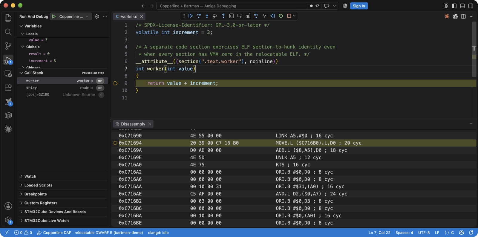 Copperline's native debugger in VS Code stopped in a C worker function, with the parameter and globals, the cross-file call stack, and the matching 68000 disassembly