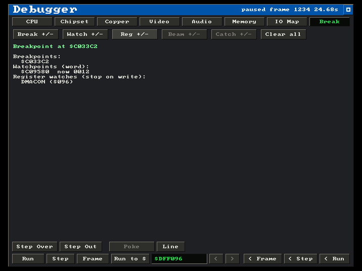The debugger's Break tab: a PC breakpoint, a memory watchpoint, and a DMACON chipset-register watch that stops on write
