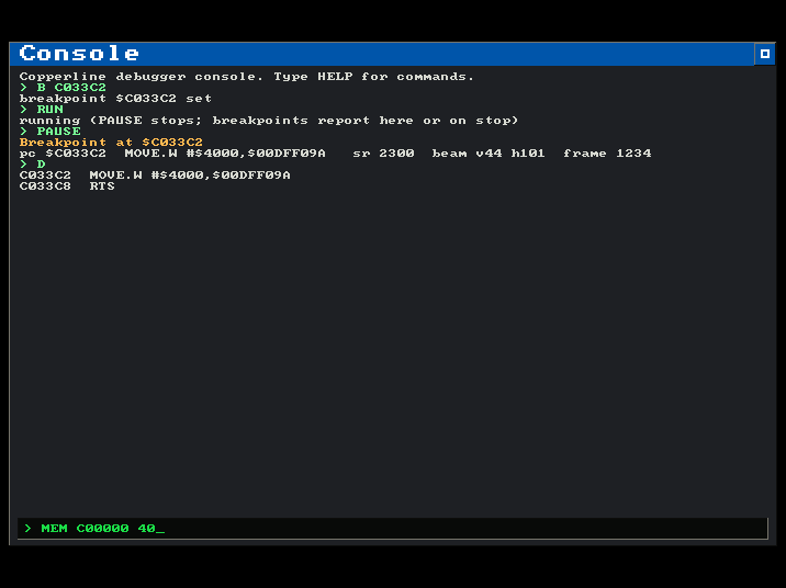 The Copperline debugger console: a breakpoint is set and hit, the stop is reported with PC, beam position and frame, and the code at the stop is disassembled