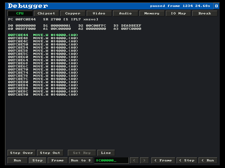 The debugger's CPU tab: the register file, decoded status register, a live 68000 disassembly at the PC, and transport controls including the reverse Frame, Step and Run buttons