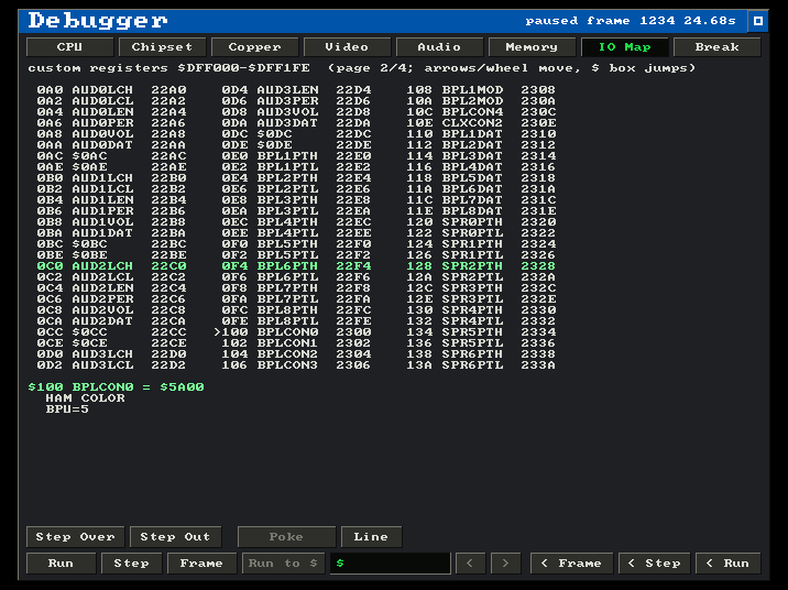 The debugger's IO Map tab: the custom register bank with live values, with BPLCON0 selected and its bits decoded by name