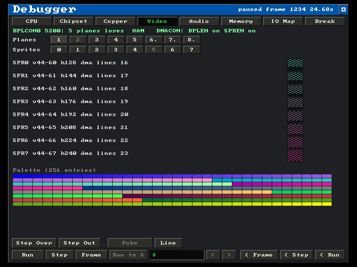 The debugger's Video tab: a decoded BPLCON0, per-plane and per-sprite isolation toggles, sprite DMA positions, and the 256-entry palette