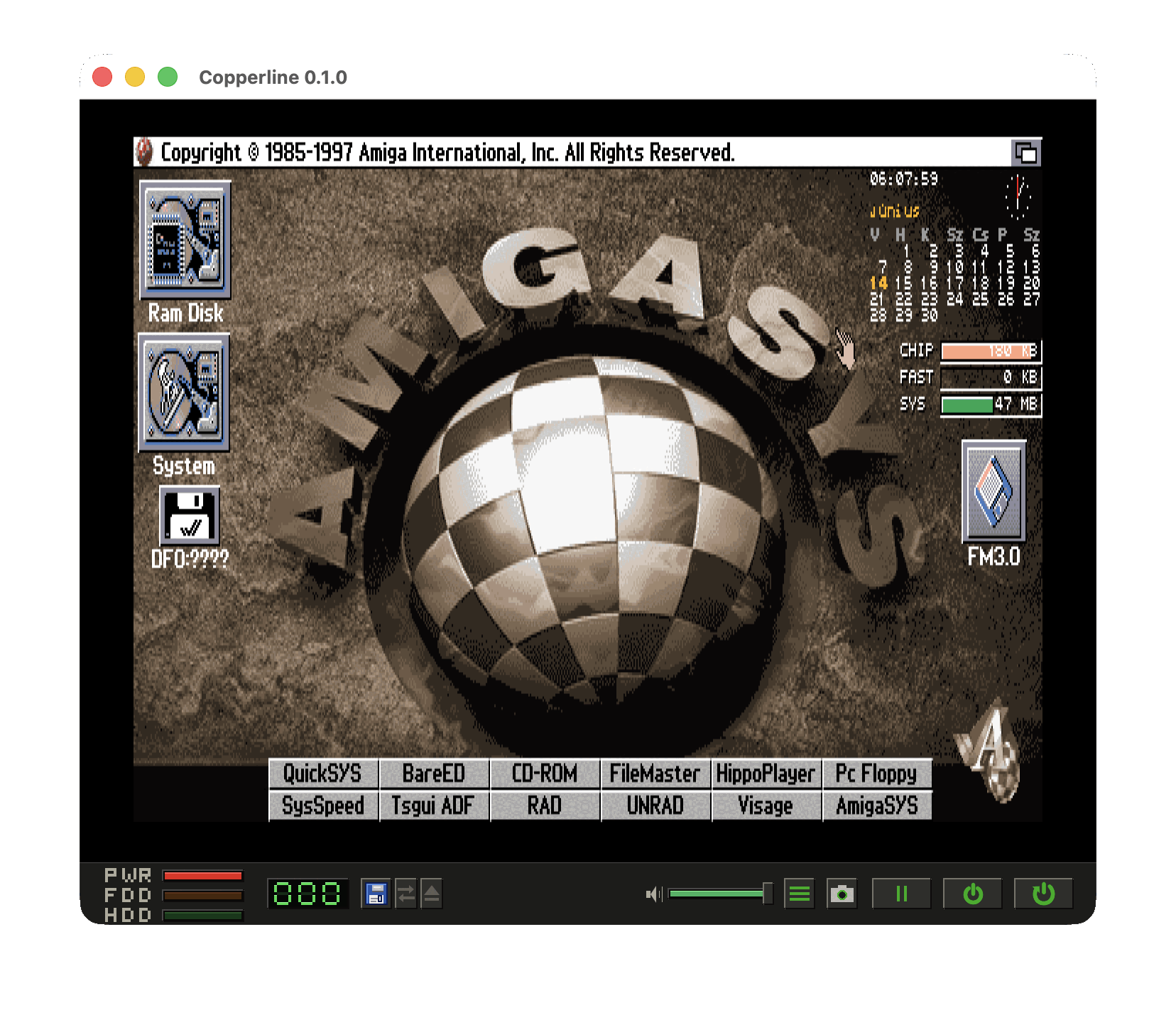 Workbench 3.1 desktop running in Copperline