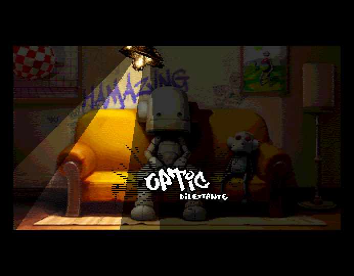 A scene from Desire's HAMazing demo: a robot and a toy monkey on a couch, lit by a swinging lamp, rendered in Hold-And-Modify