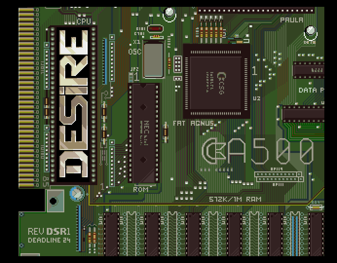 A scene from Desire's Inside demo: an Amiga 500 motherboard drawn as pixel art, with the CPU, Paula, Fat Agnus, ROM and RAM banks labelled