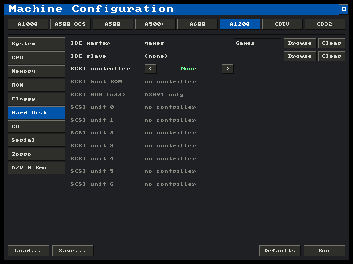 The launcher's Hard Disk tab on an A1200 profile, with an IDE master image selected and a SCSI controller selector with seven unit slots