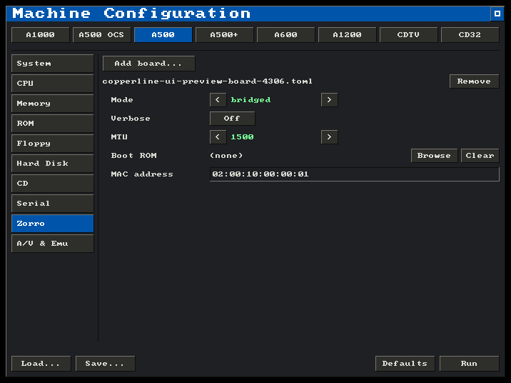 The launcher's Zorro tab on an A500 profile, showing an external WASM plugin board's declared settings: mode, verbose, MTU, boot ROM and MAC address