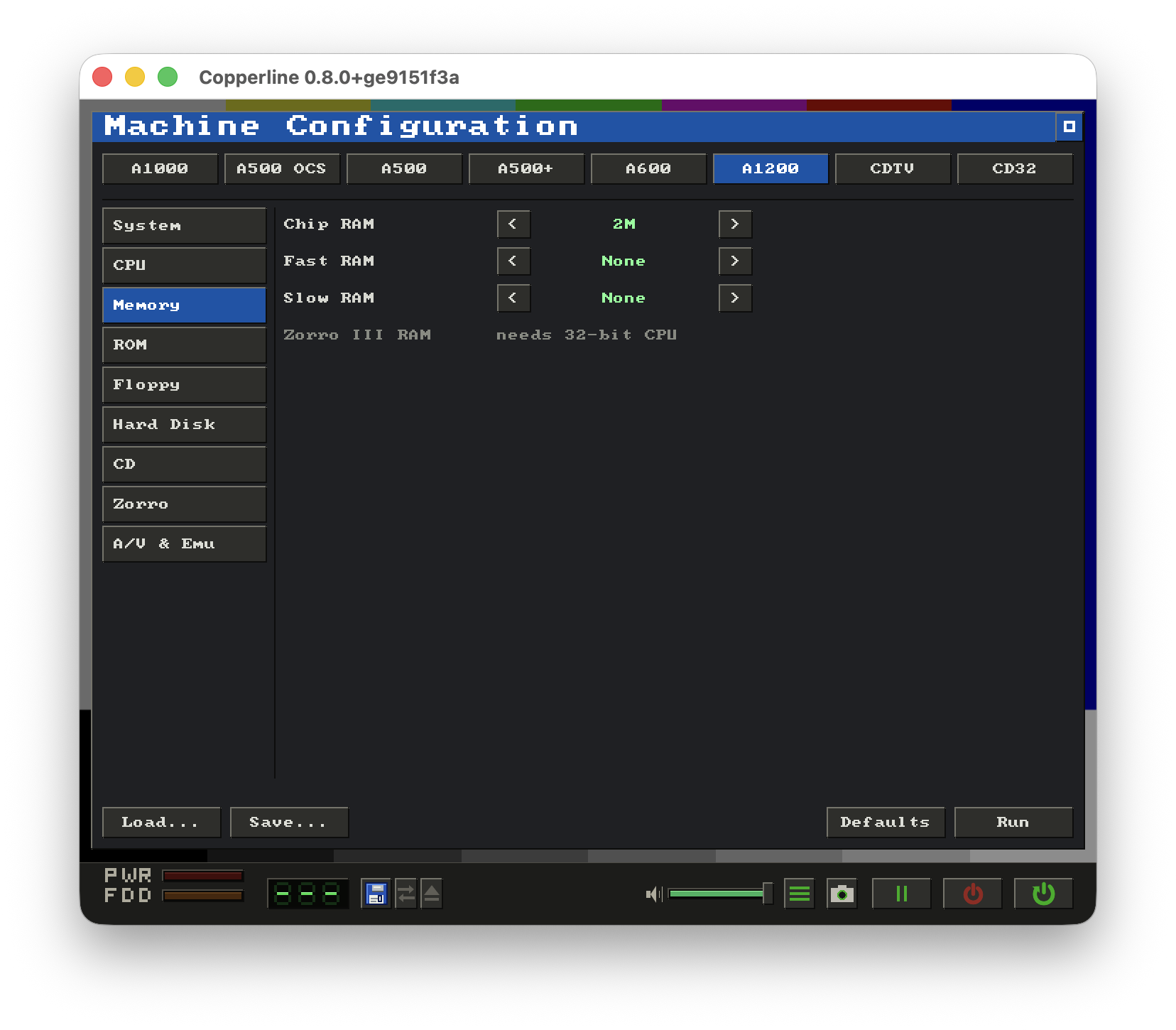 The Copperline machine-configuration launcher on the Memory tab of an A1200 profile, showing machine profile buttons across the top, a category sidebar, and Chip / Fast / Slow RAM controls