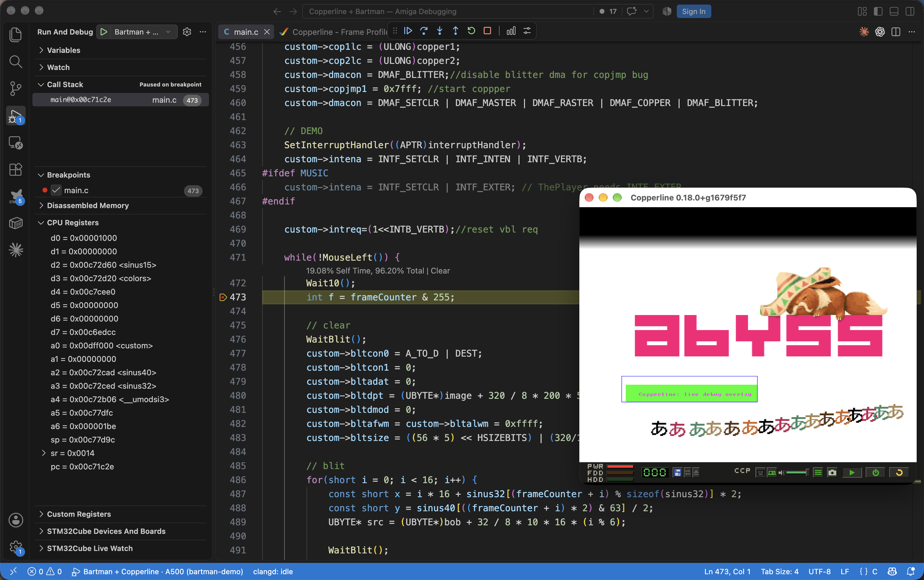 Bartman source breakpoint and register views in VS Code beside the running Copperline window showing the Abyss graphics demo
