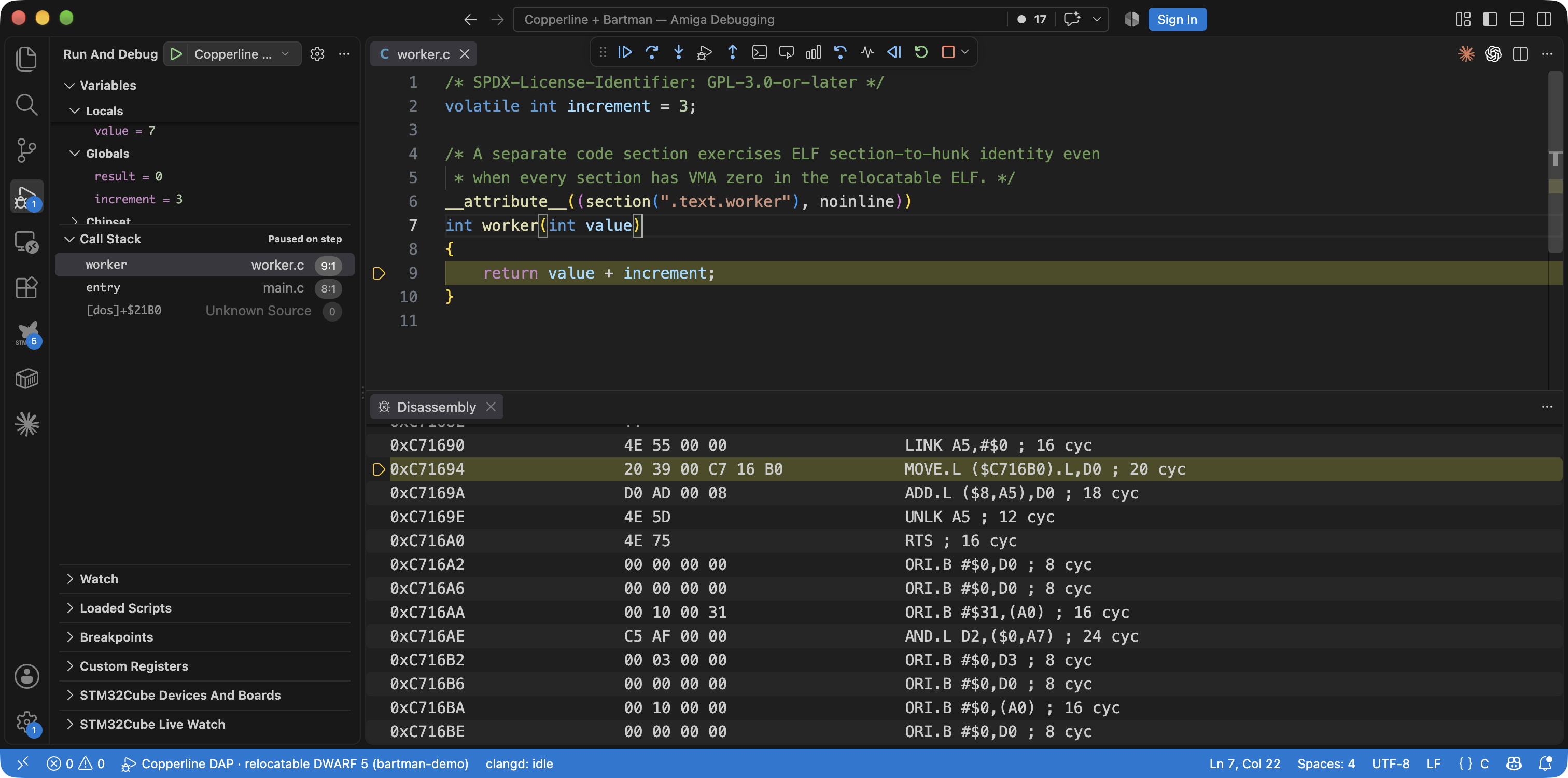 Native Copperline debugger showing a C worker function, its value parameter and globals, the caller stack, and matching 68k disassembly