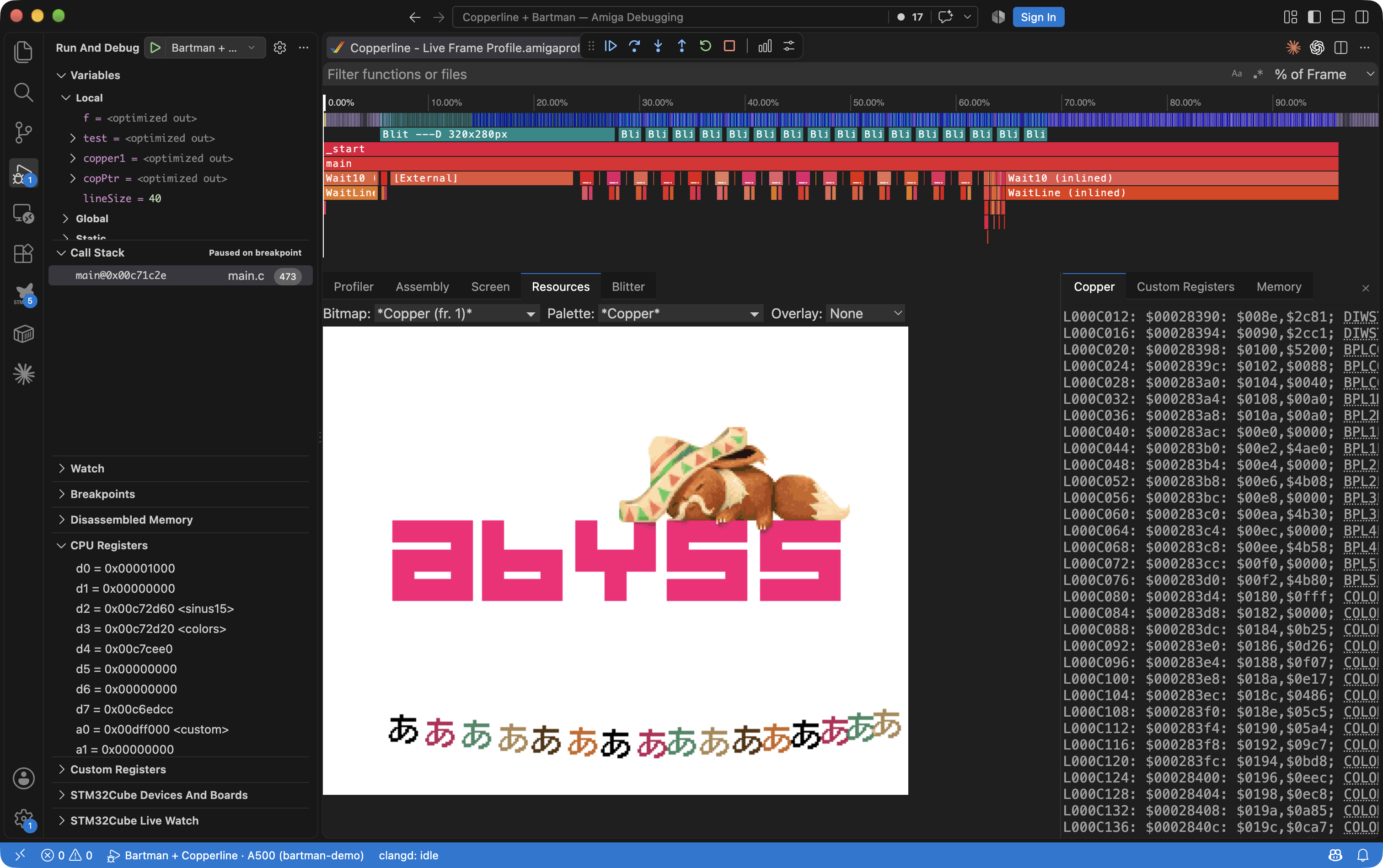 A captured CPU and DMA timeline above the inferred Copper bitmap of the Abyss logo and animated blitter objects, with the Copper instruction list alongside
