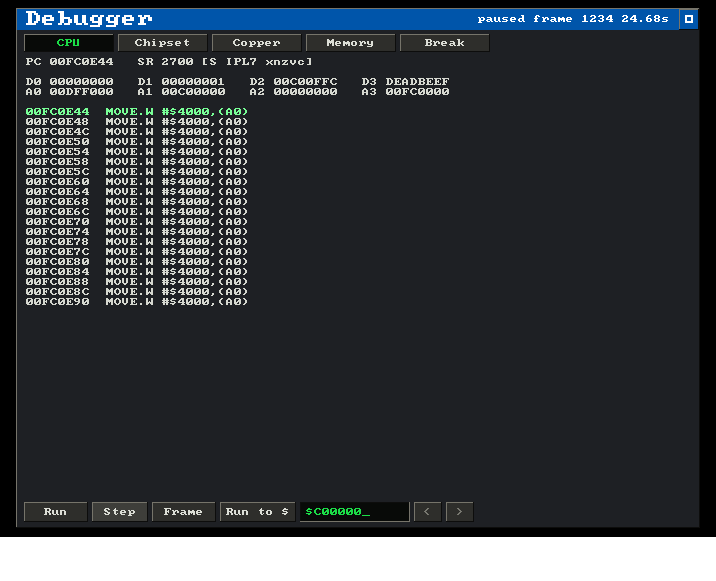 The debugger window on the CPU tab