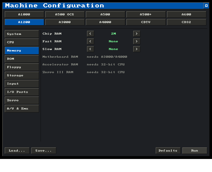 The machine configuration screen