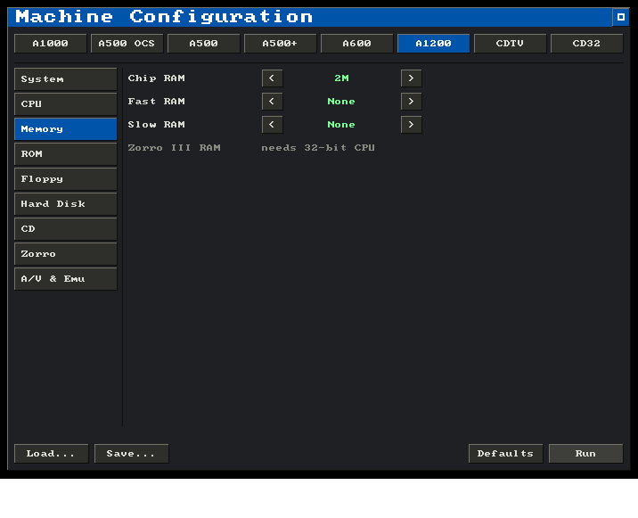 The machine configuration screen