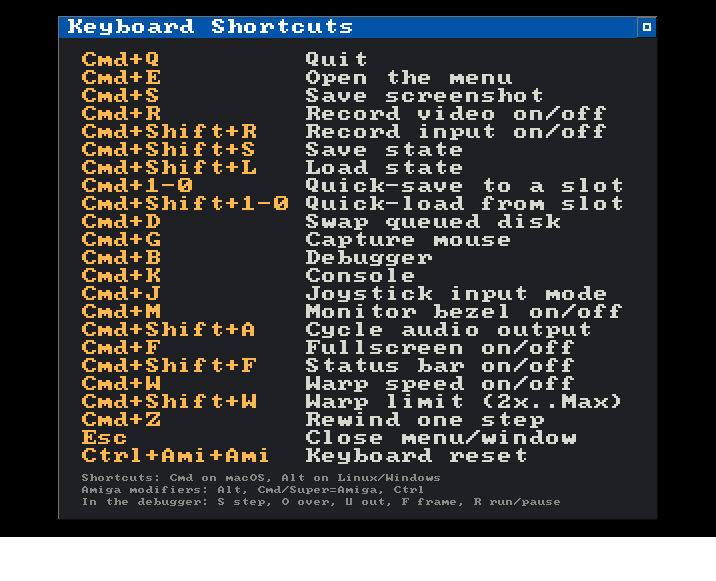 The keyboard shortcuts window