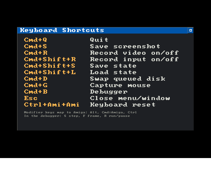The keyboard shortcuts window